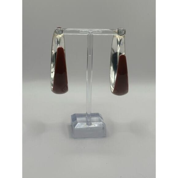Maroon Silver Open C Hoop Earrings Pierced Post Back Modern Lightweight - Picture 3 of 5